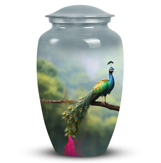 Classic urn for ashes, personalized peacock design.