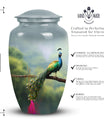 Classic urn for ashes, personalized peacock design.