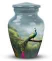 Classic urn for ashes, personalized peacock design.