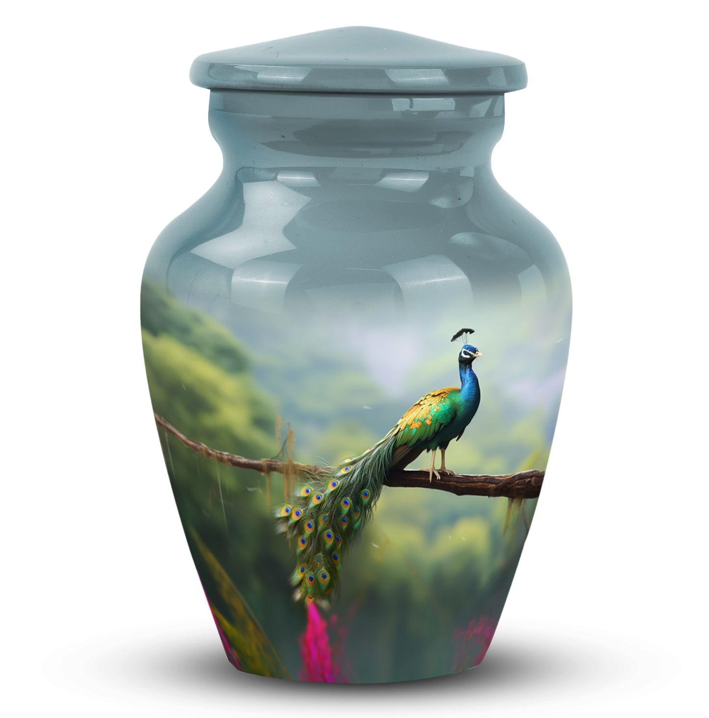 Classic urn for ashes, personalized peacock design.