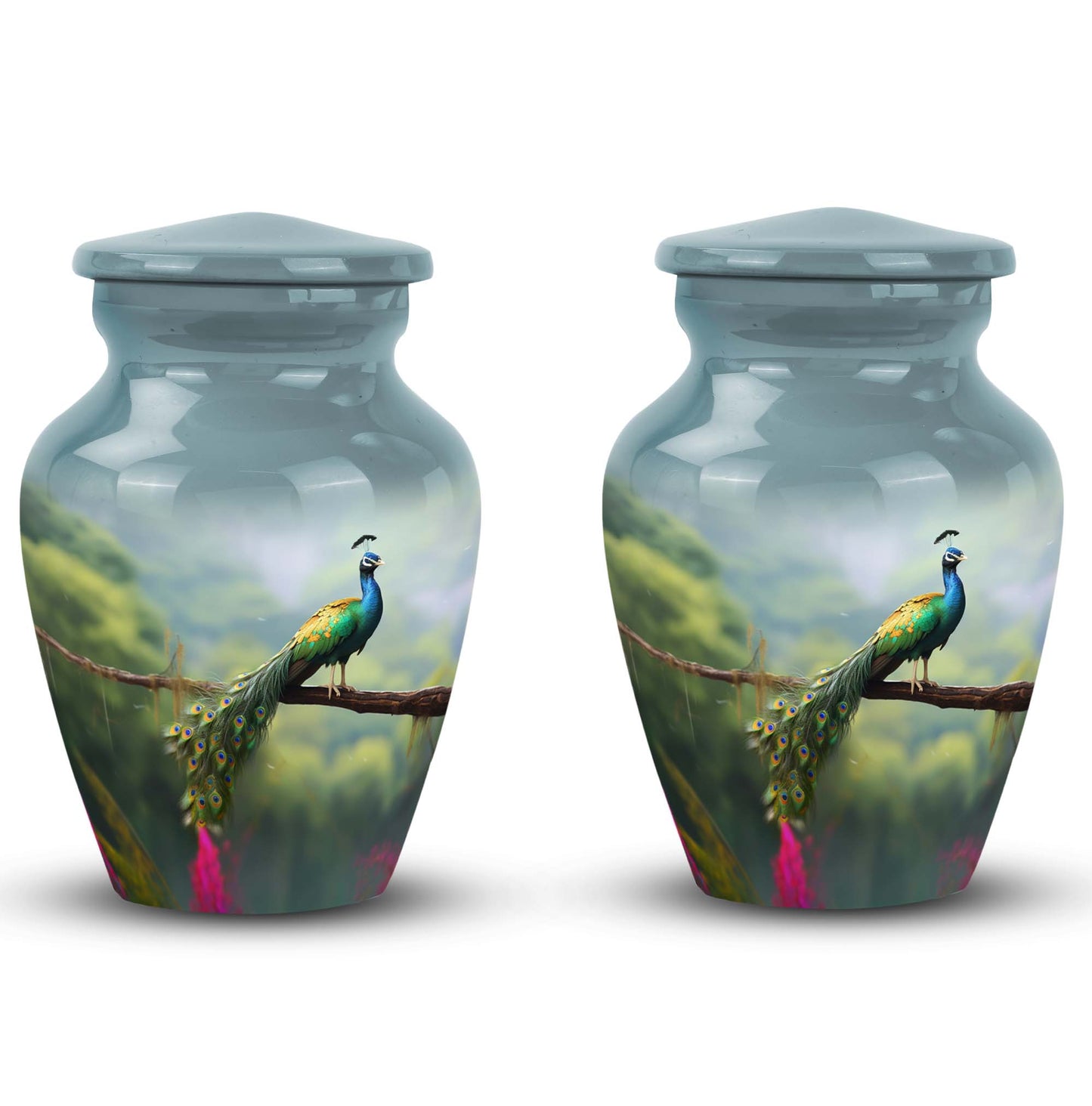 Classic urn for ashes, personalized peacock design.