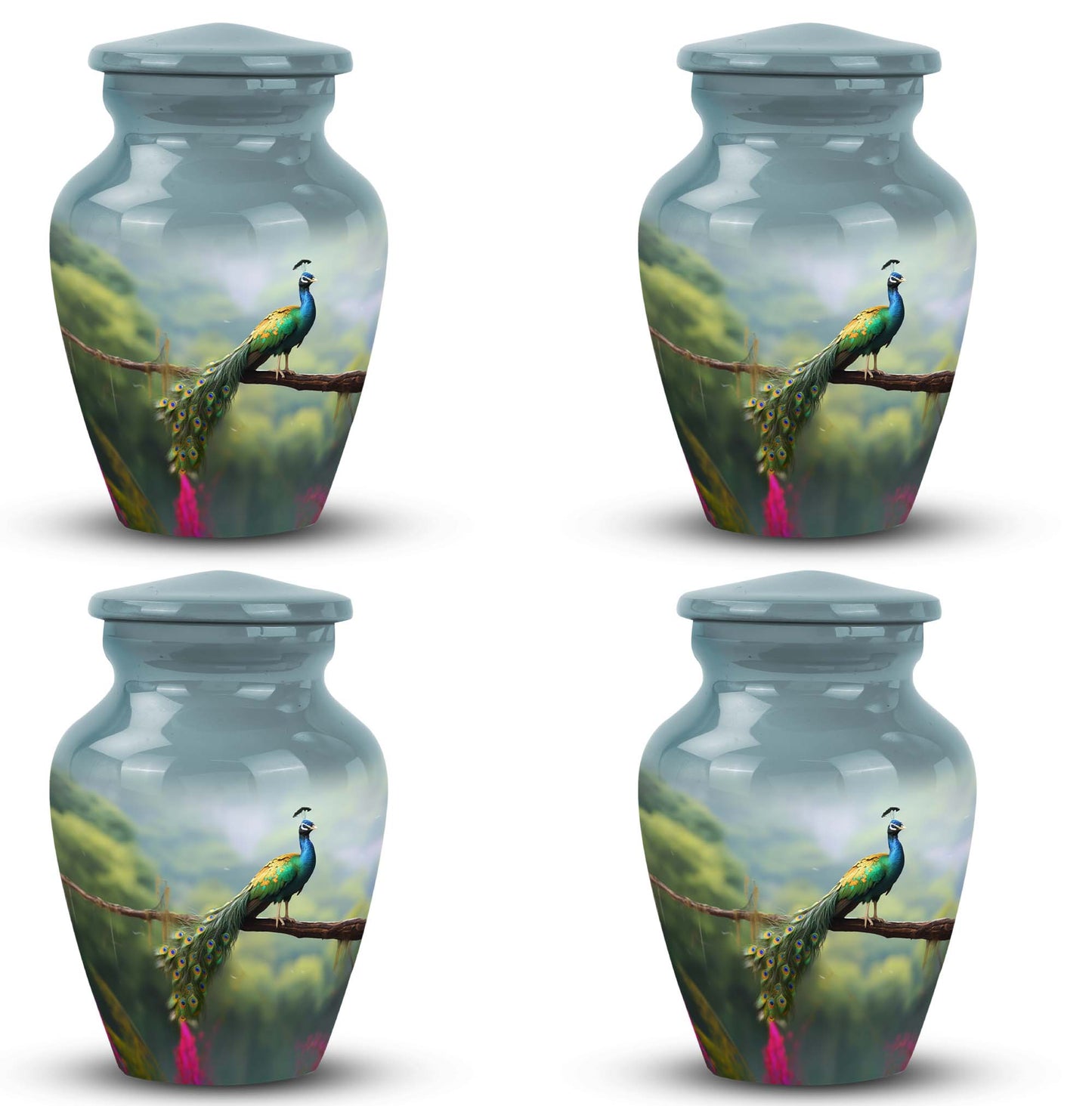 Classic urn for ashes, personalized peacock design.