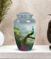 Classic urn for ashes, personalized peacock design.