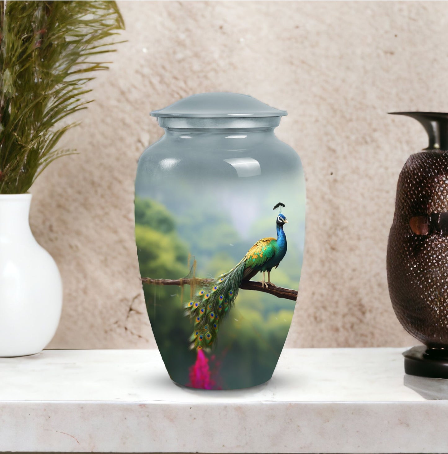 Classic urn for ashes, personalized peacock design.