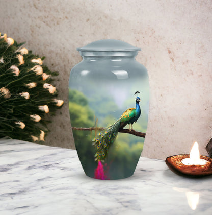 Classic urn for ashes, personalized peacock design.