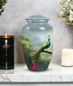 Classic urn for ashes, personalized peacock design.