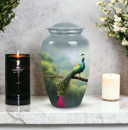 Classic urn for ashes, personalized peacock design.