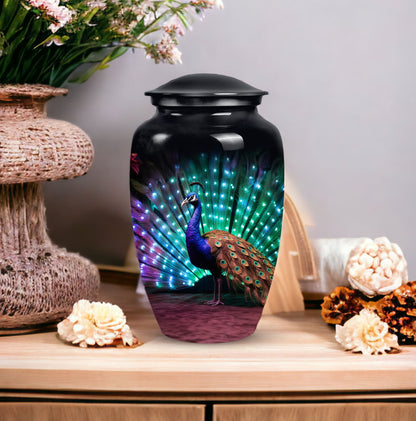 Classic Peacock Cremation Urn, crafted from aluminium.
