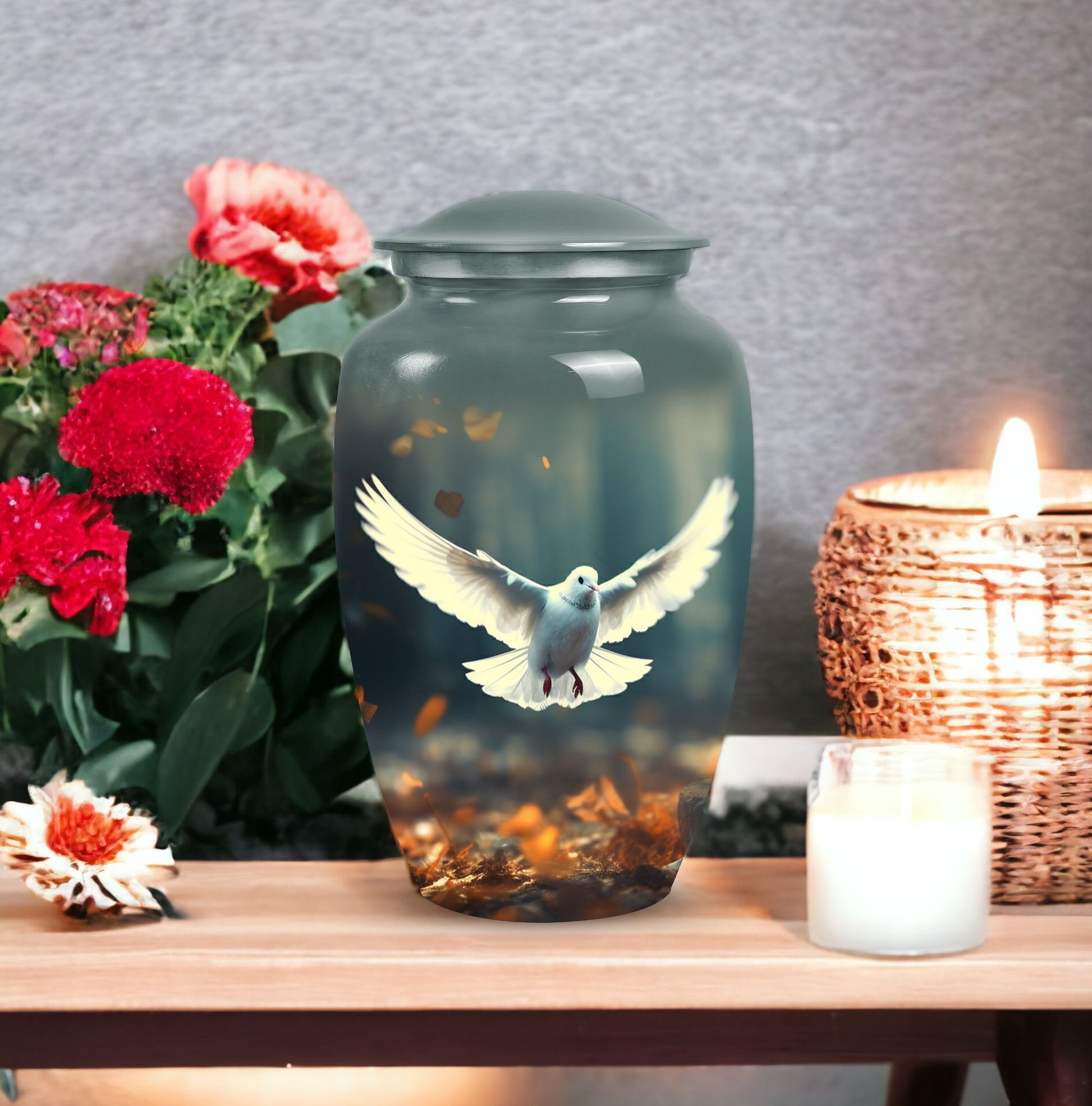 Large classic Dove urn for human ashes with personalization.