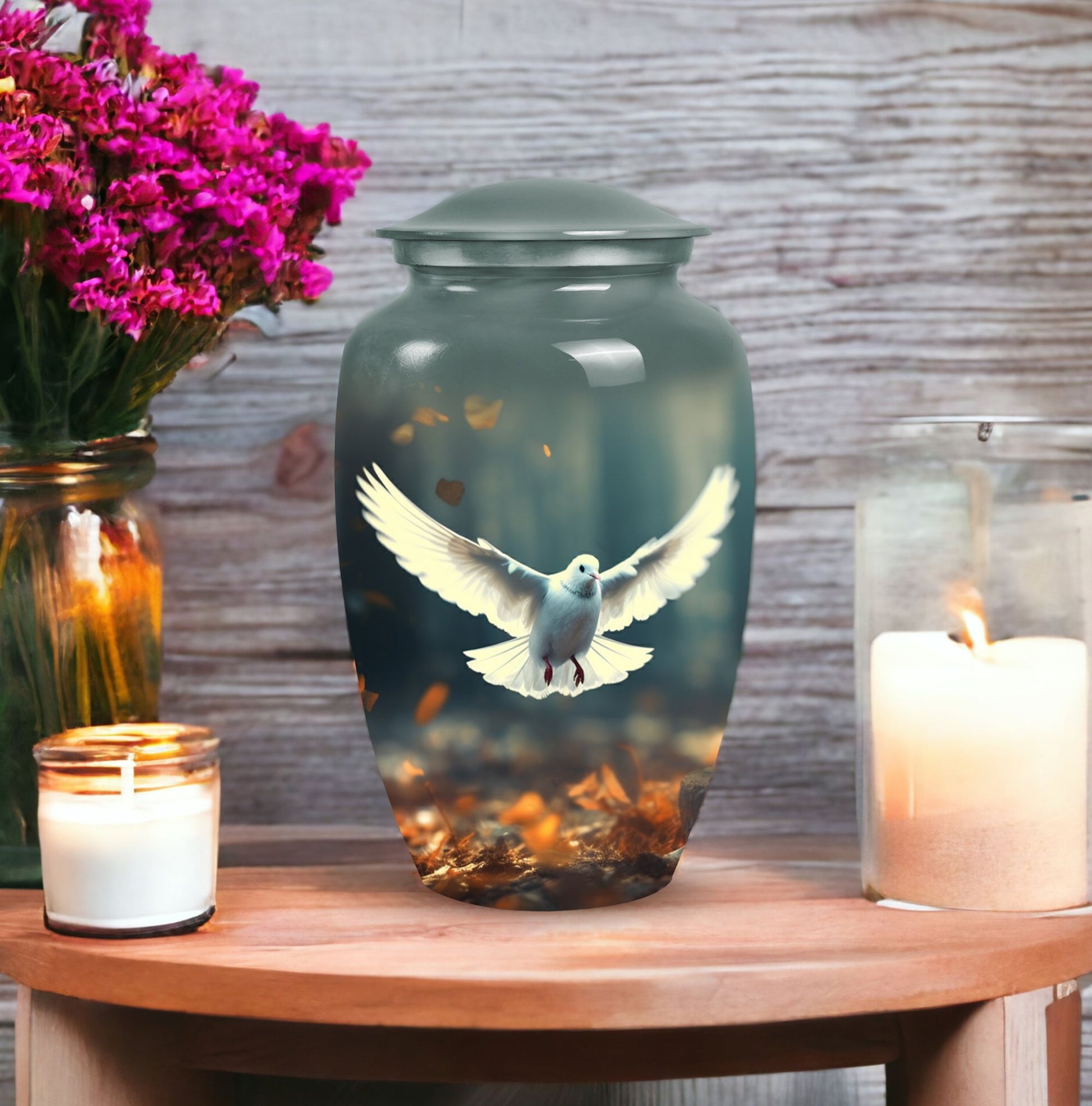 Large classic Dove urn for human ashes with personalization.