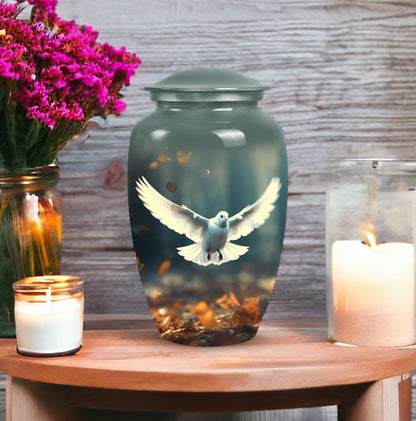 Large classic Dove urn for human ashes with personalization.
