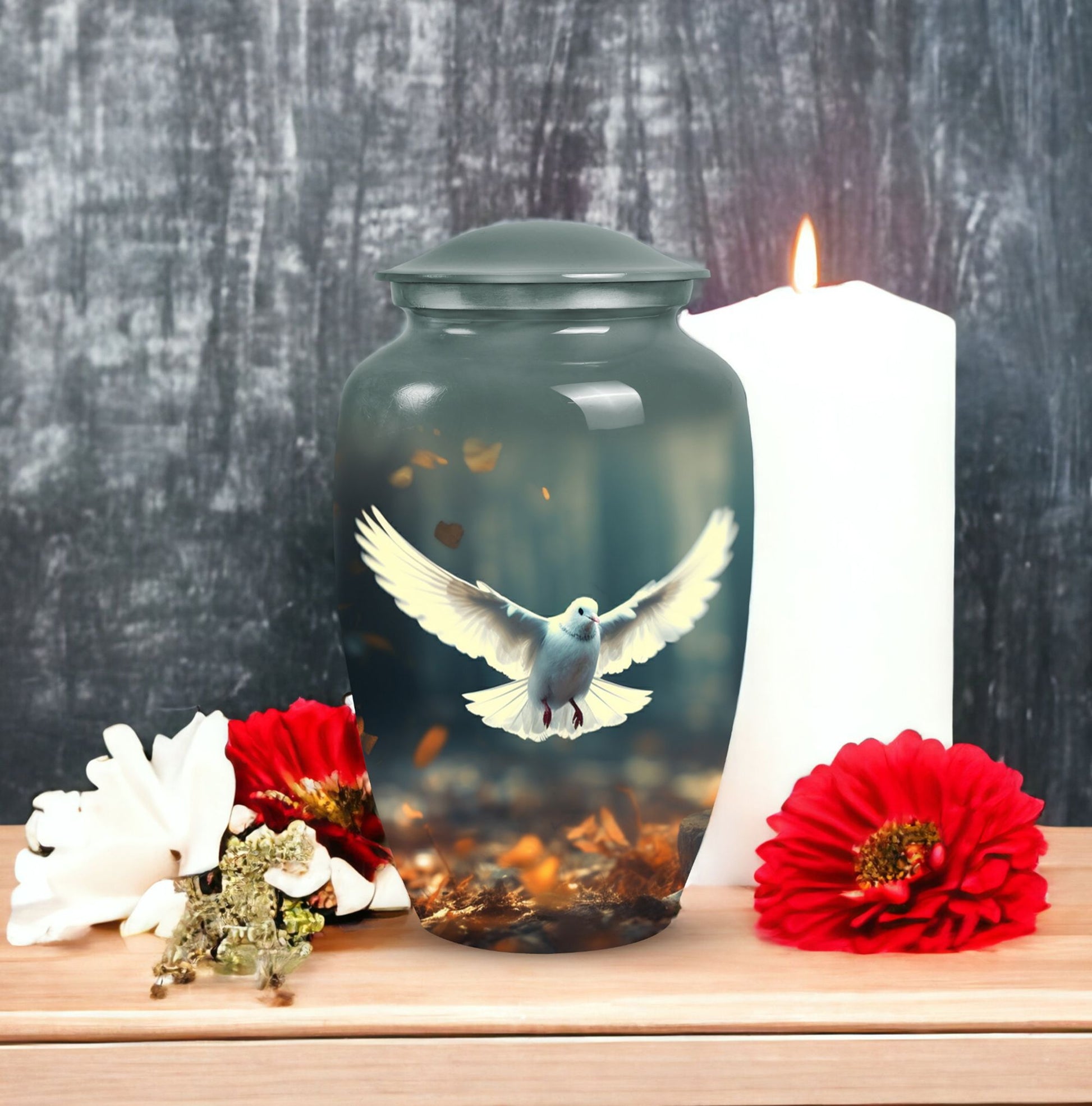 Large classic Dove urn for human ashes with personalization.