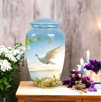 Large Dove urn for ashes, classic design, aluminium.