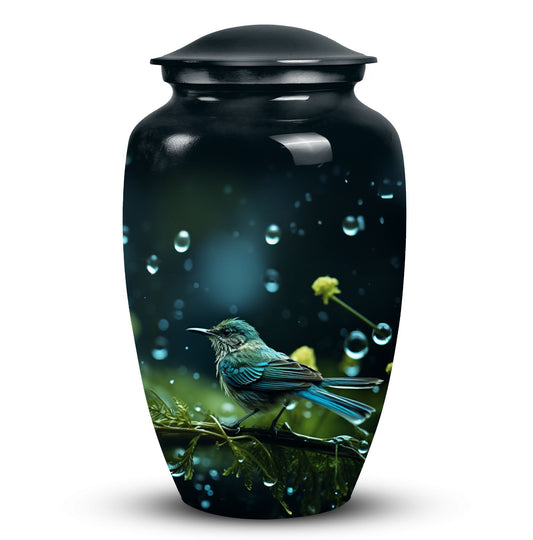 Green Sparrow Cremation Urn for Mother, made of Aluminium.
