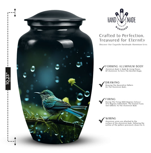 Green Sparrow Cremation Urn for Mother, made of Aluminium.