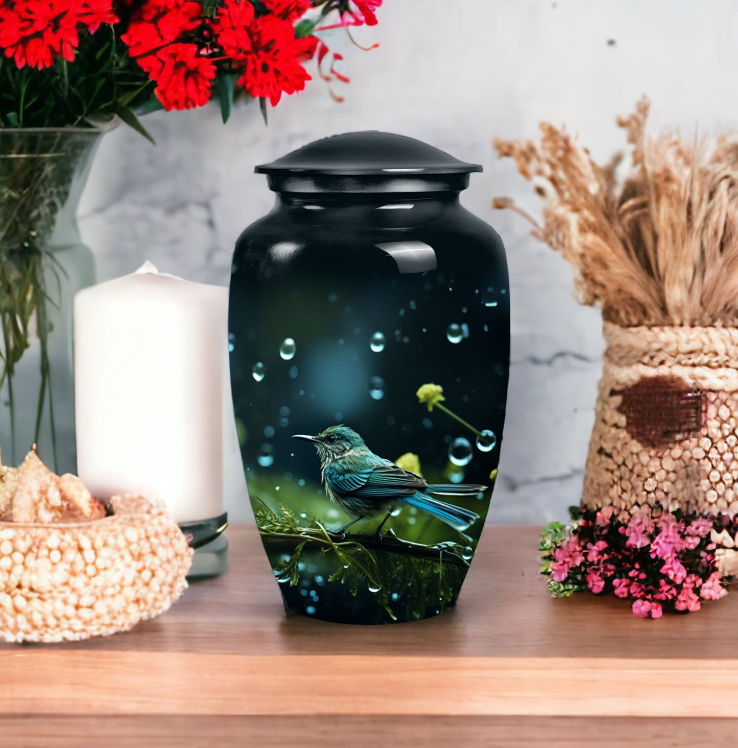 Green Sparrow Cremation Urn for Mother, made of Aluminium.