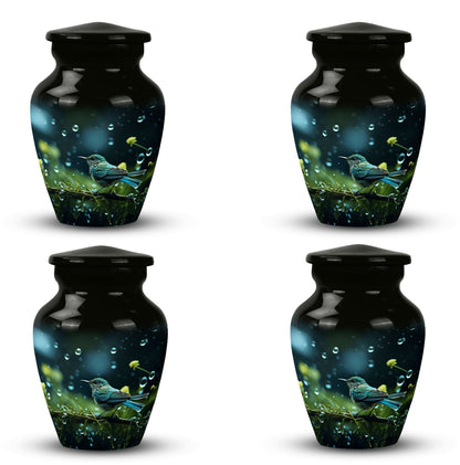 Green Sparrow Cremation Urn for Mother, made of Aluminium.