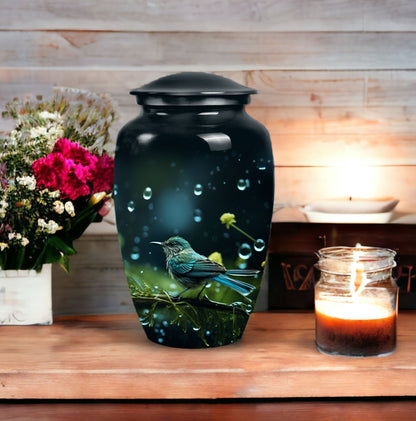 Green Sparrow Cremation Urn for Mother, made of Aluminium.