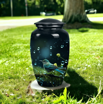 Green Sparrow Cremation Urn for Mother, made of Aluminium.