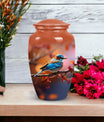 Blue Sparrow Memorial urn, adult-size cremation urn.