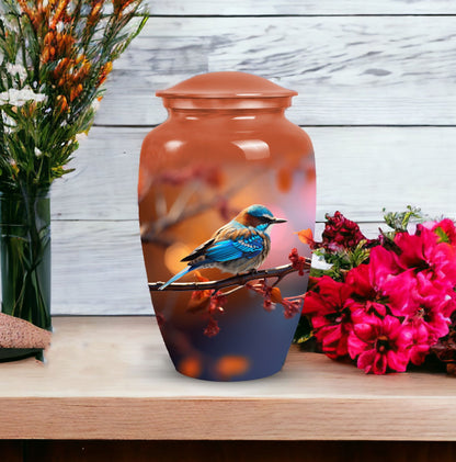 Blue Sparrow Memorial urn, adult-size cremation urn.