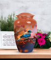 Blue Sparrow Memorial urn, adult-size cremation urn.