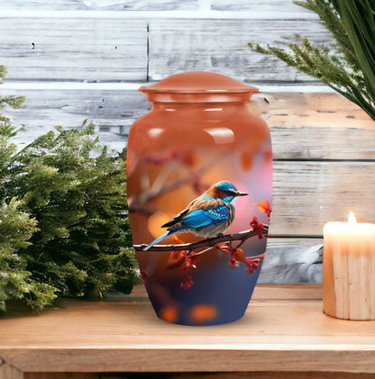 Blue Sparrow Memorial urn, adult-size cremation urn.