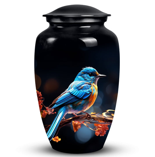 Classic 3-inch blue sparrow cremation urn.