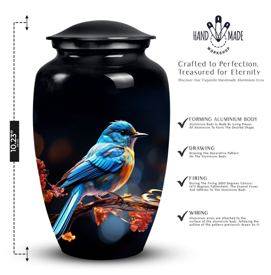 Classic 3-inch blue sparrow cremation urn.