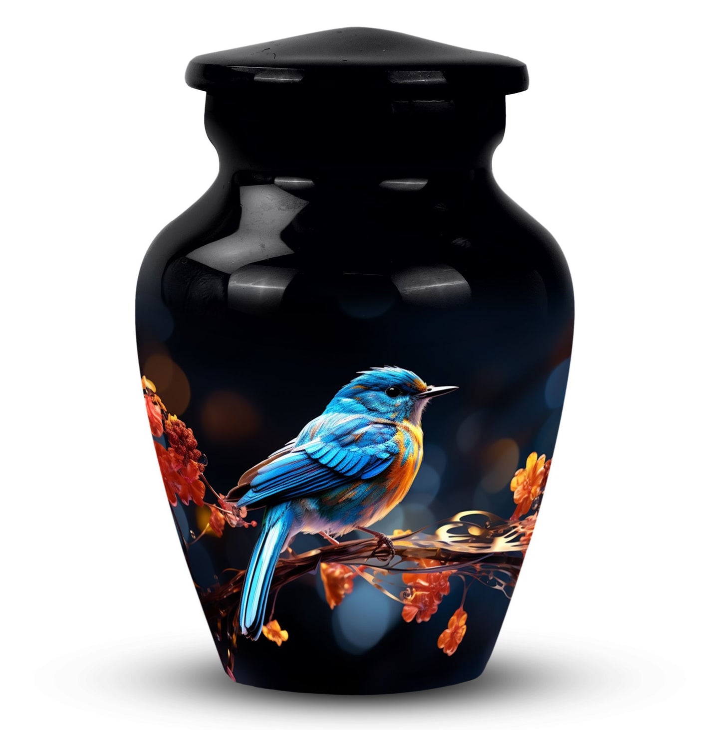 Classic 3-inch blue sparrow cremation urn.