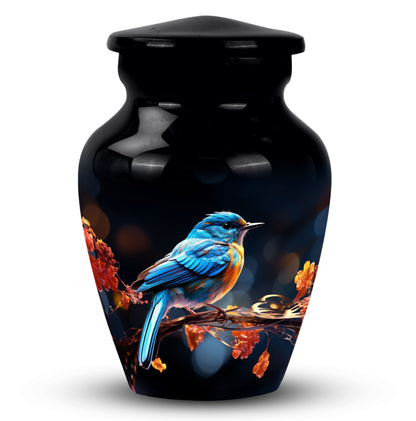 Classic 3-inch blue sparrow cremation urn.