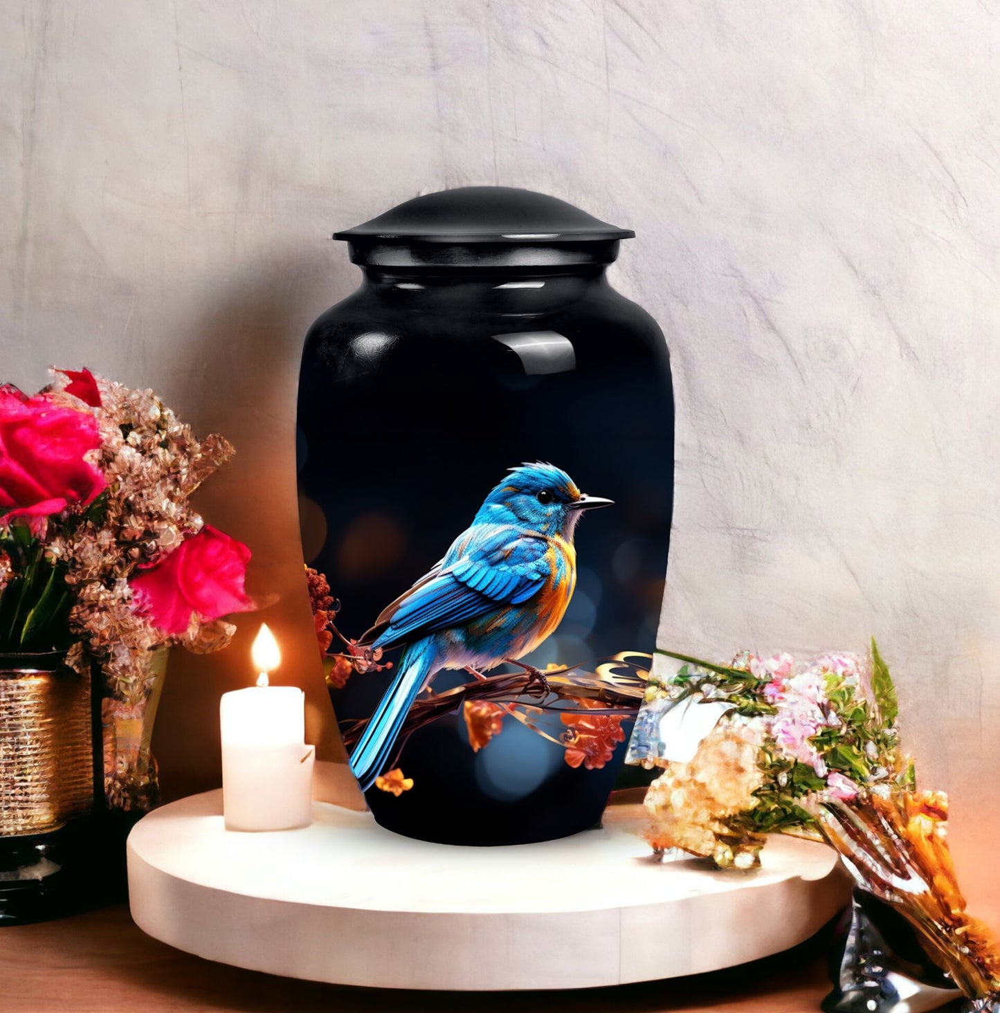 Classic 3-inch blue sparrow cremation urn.