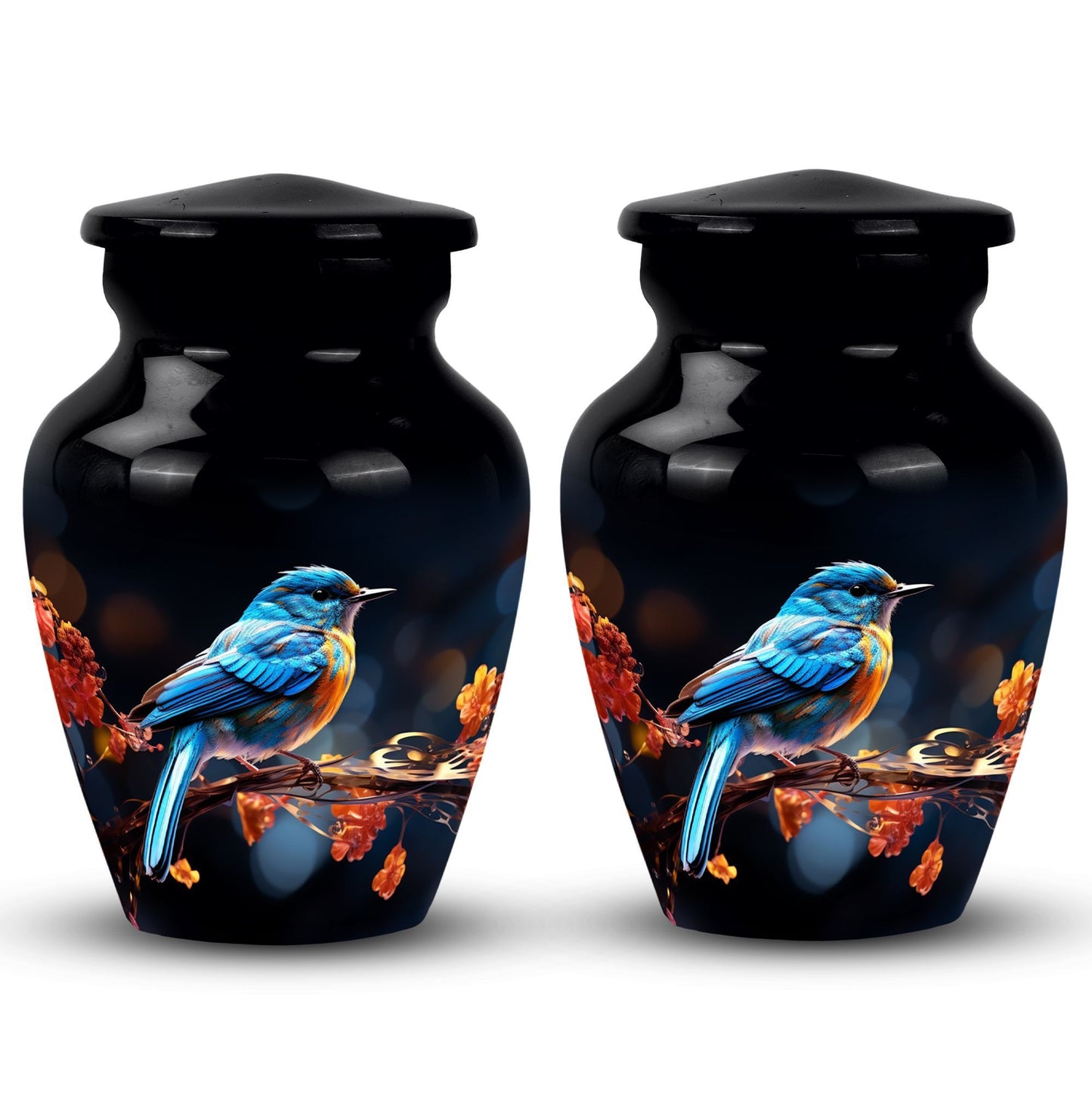 Classic 3-inch blue sparrow cremation urn.