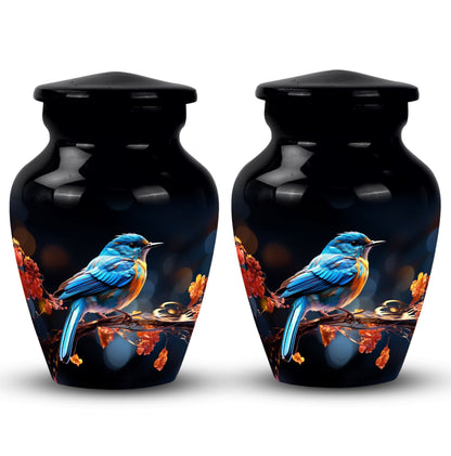 Classic 3-inch blue sparrow cremation urn.