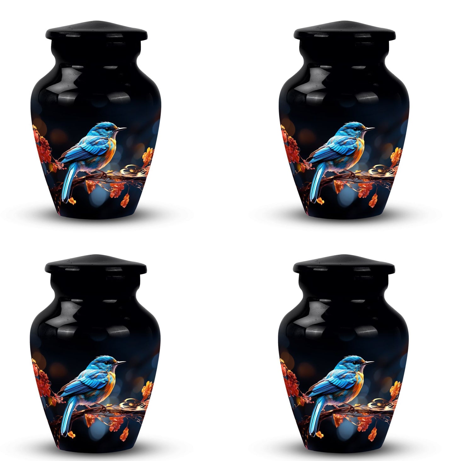Classic 3-inch blue sparrow cremation urn.
