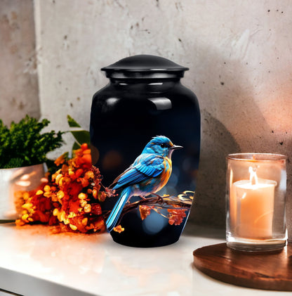 Classic 3-inch blue sparrow cremation urn.