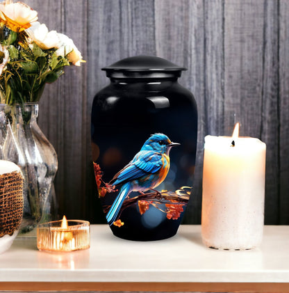 Classic 3-inch blue sparrow cremation urn.