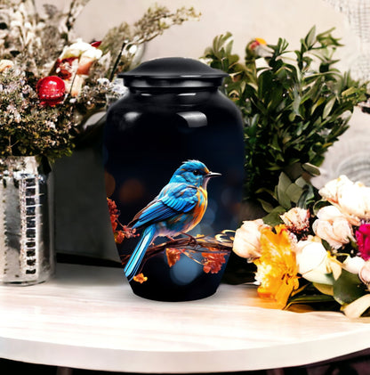 Classic 3-inch blue sparrow cremation urn.