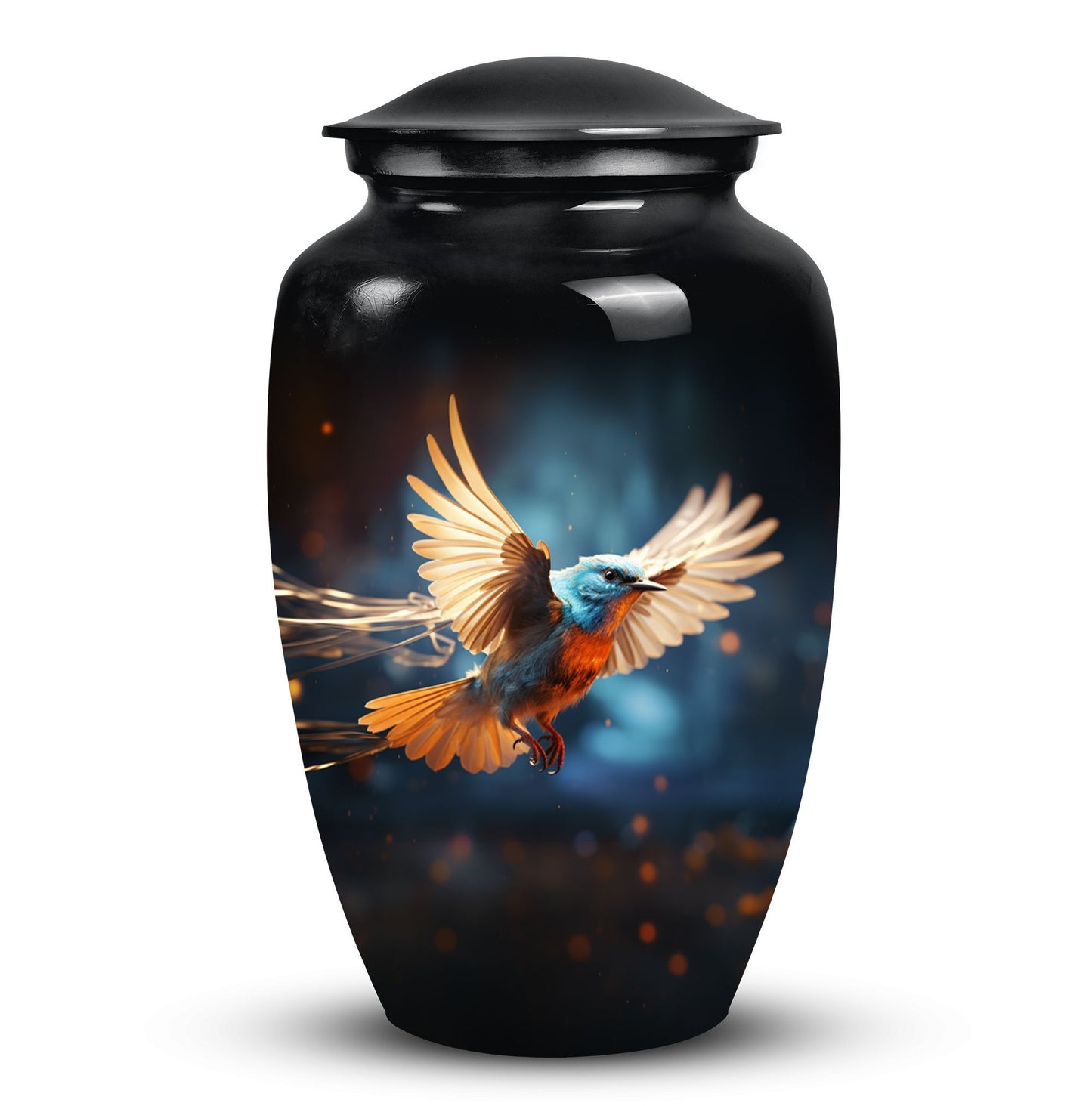 Classic Red Sparrow flying urn in aluminium for ashes.