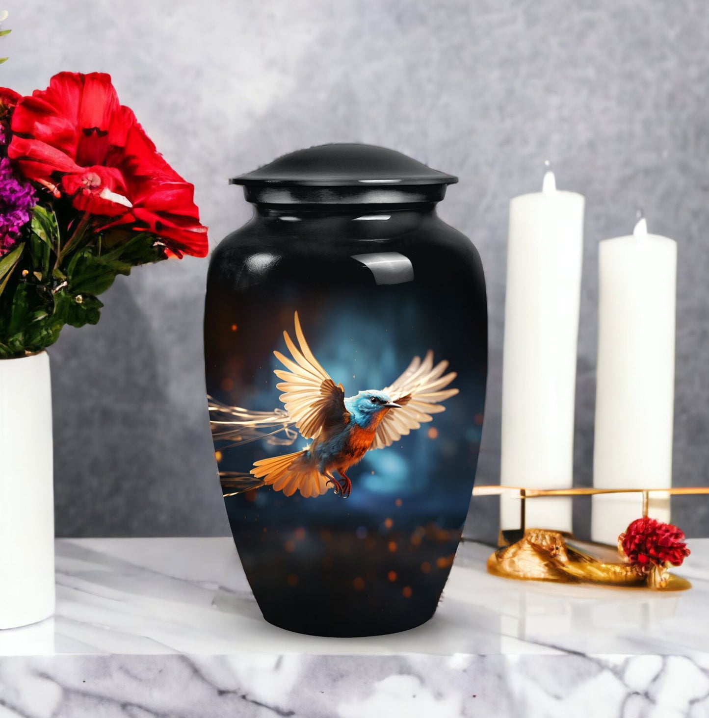 Classic Red Sparrow flying urn in aluminium for ashes.