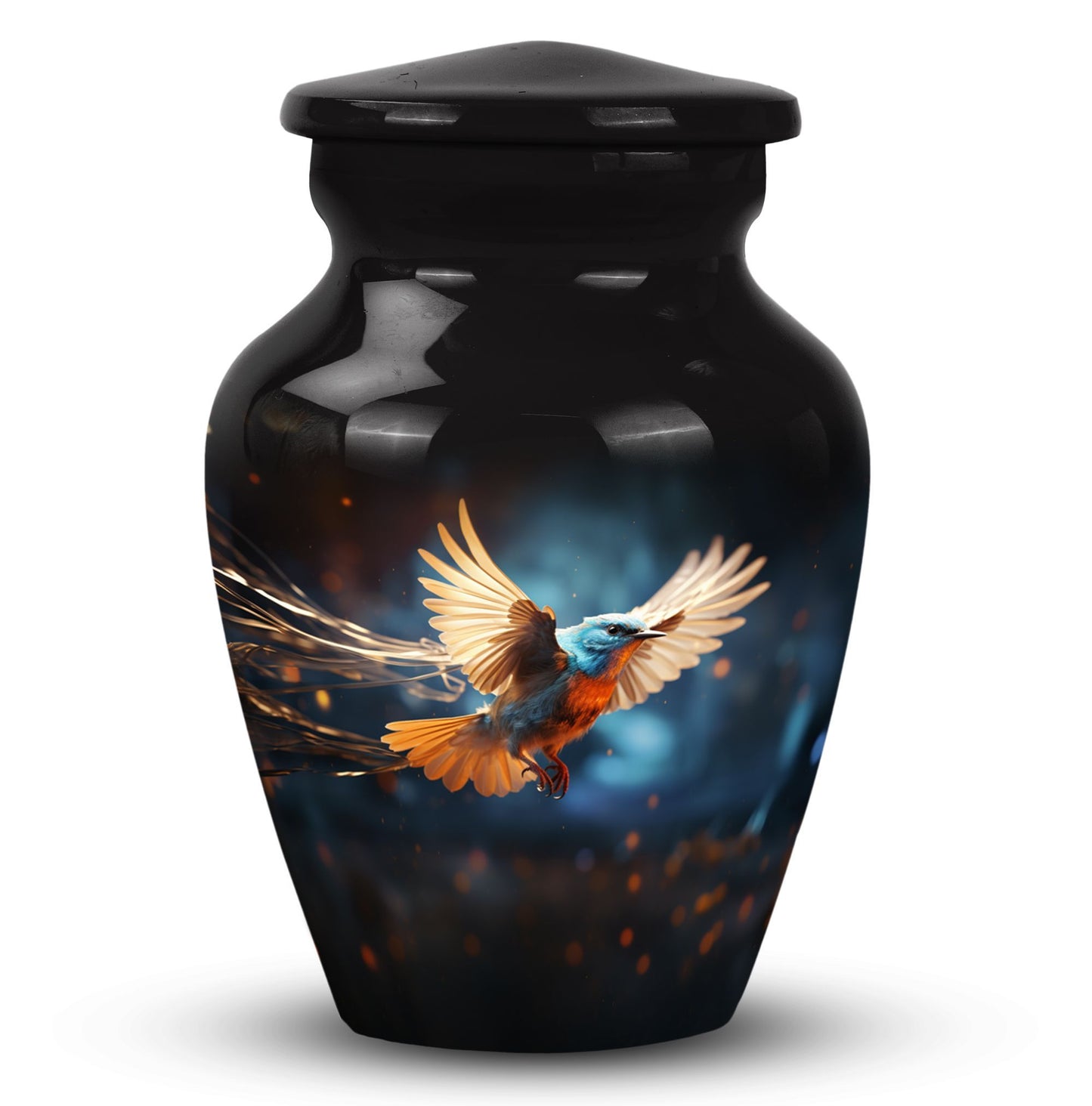 Classic Red Sparrow flying urn in aluminium for ashes.