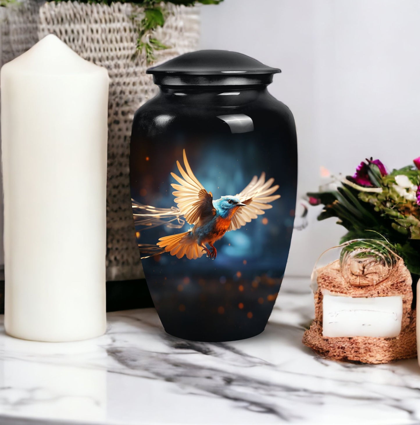 Classic Red Sparrow flying urn in aluminium for ashes.