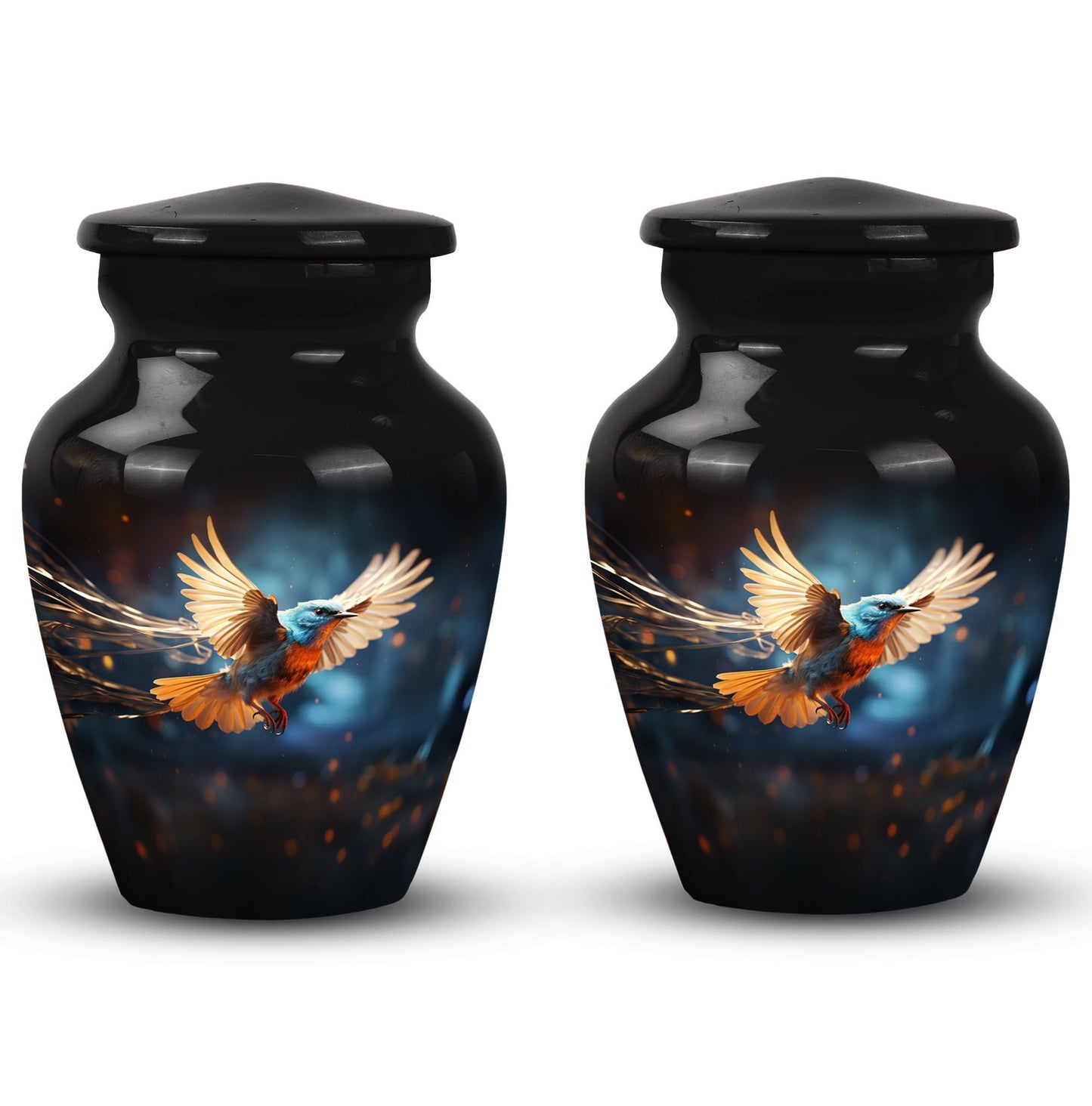 Classic Red Sparrow flying urn in aluminium for ashes.