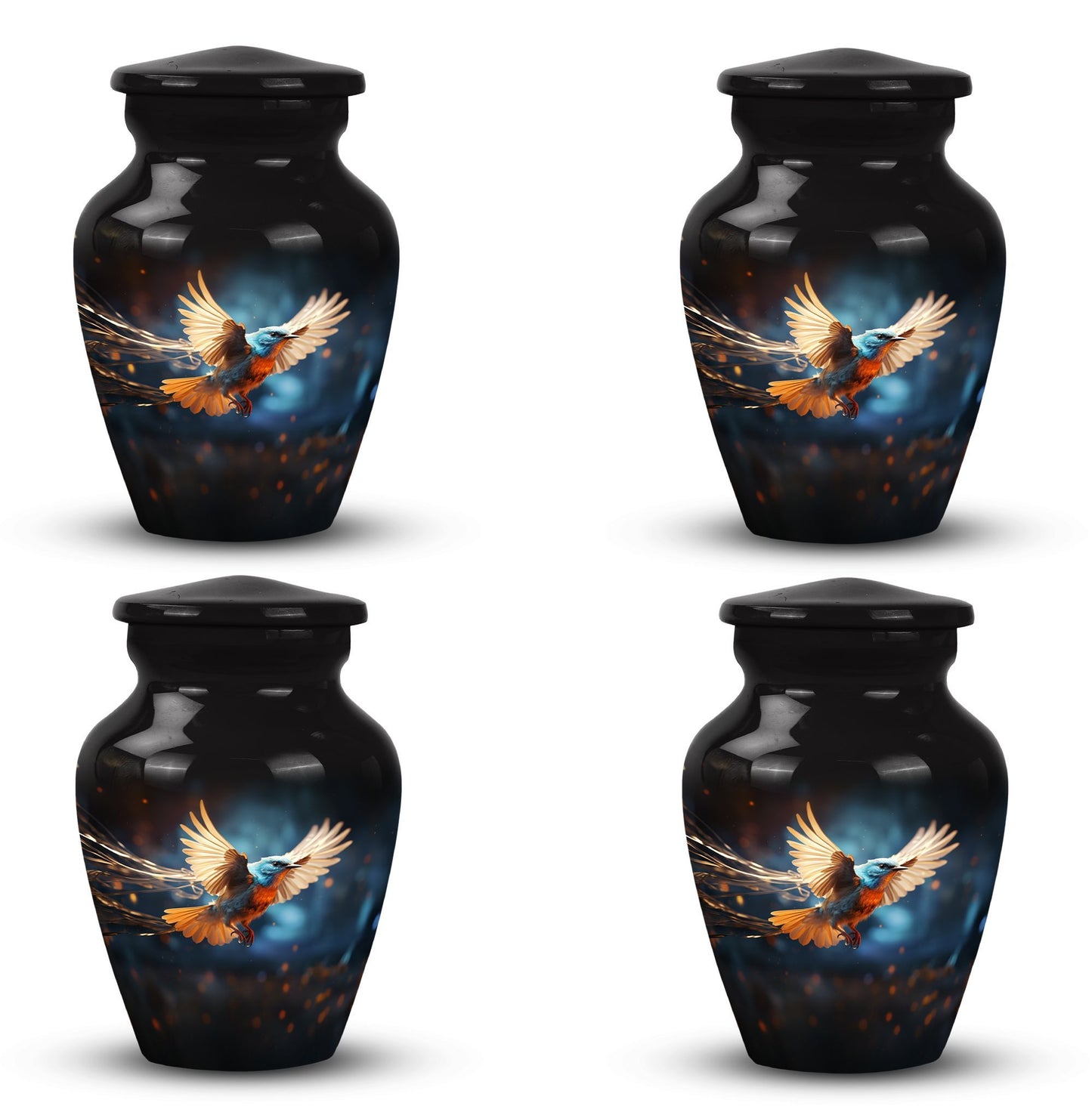 Classic Red Sparrow flying urn in aluminium for ashes.