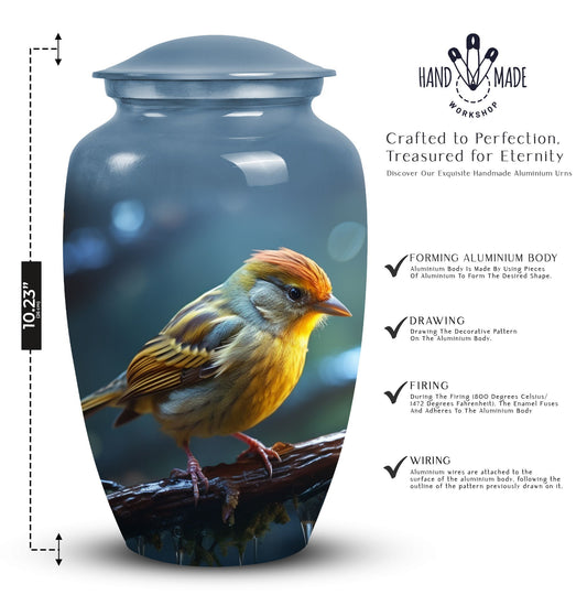 Yellow Sparrow Cremation Urn, large 3-inch classic design