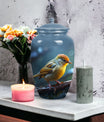 Yellow Sparrow Cremation Urn, large 3-inch classic design