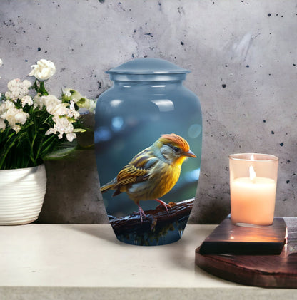 Yellow Sparrow Cremation Urn, large 3-inch classic design