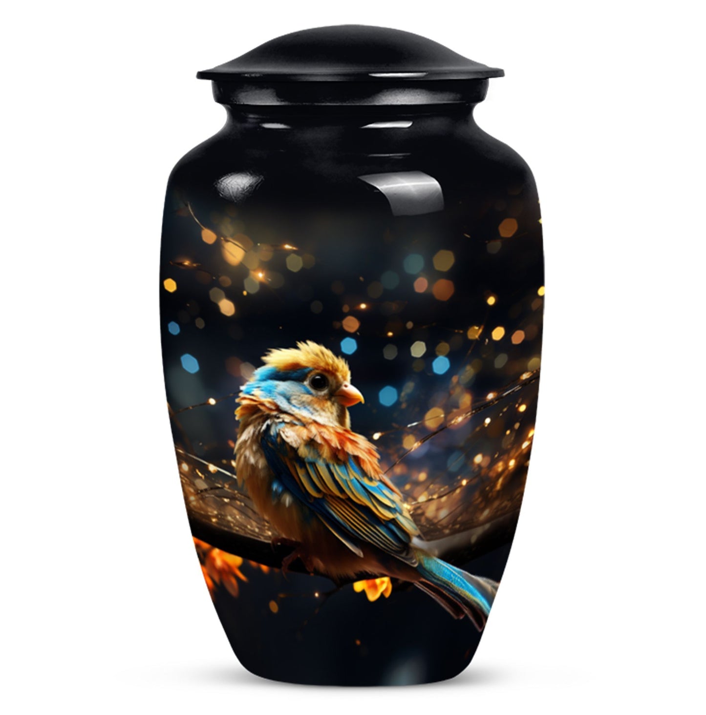 Yellow Sparrow Urn, large aluminium urn for human ashes.