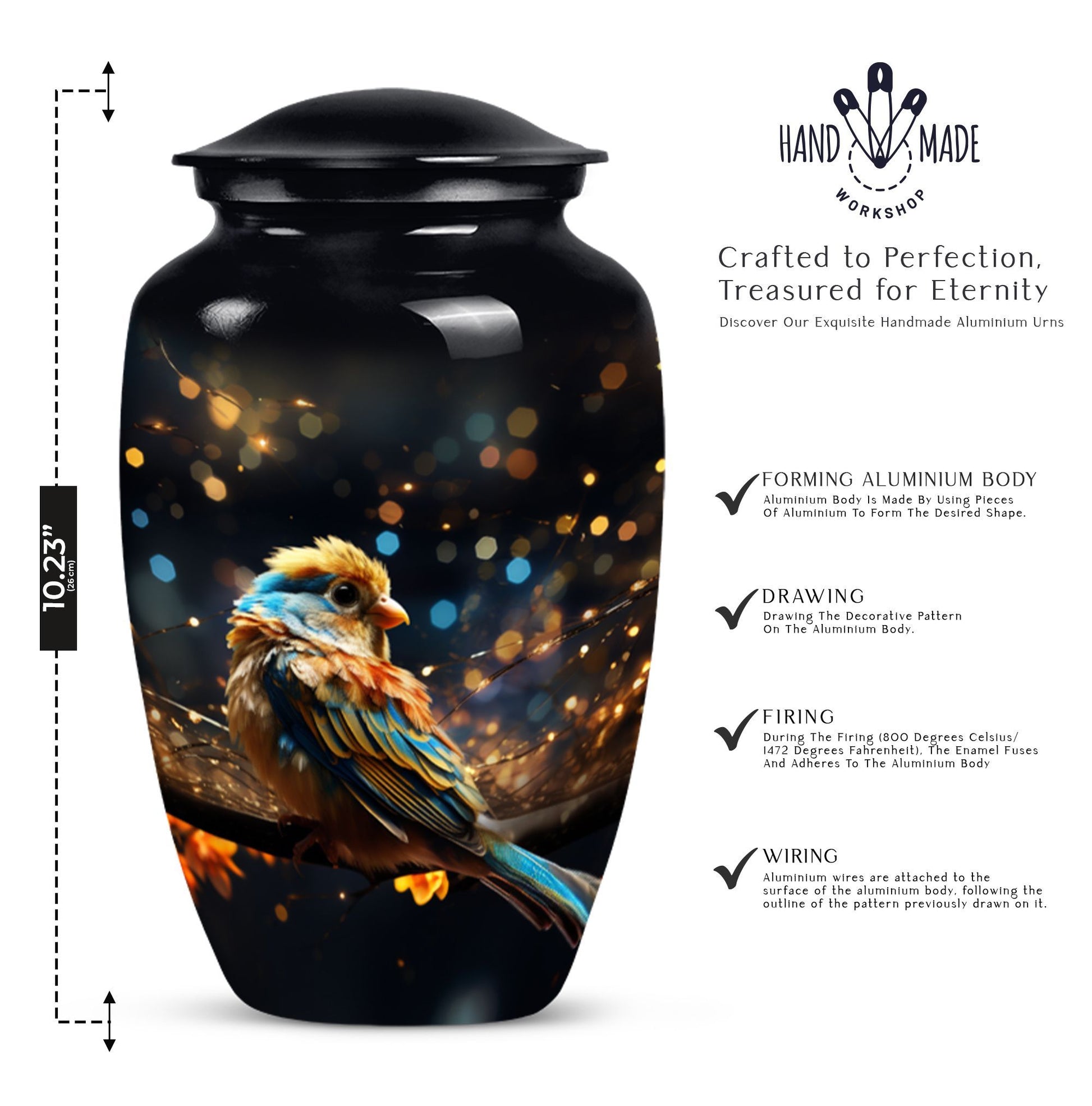 Yellow Sparrow Urn, large aluminium urn for human ashes.