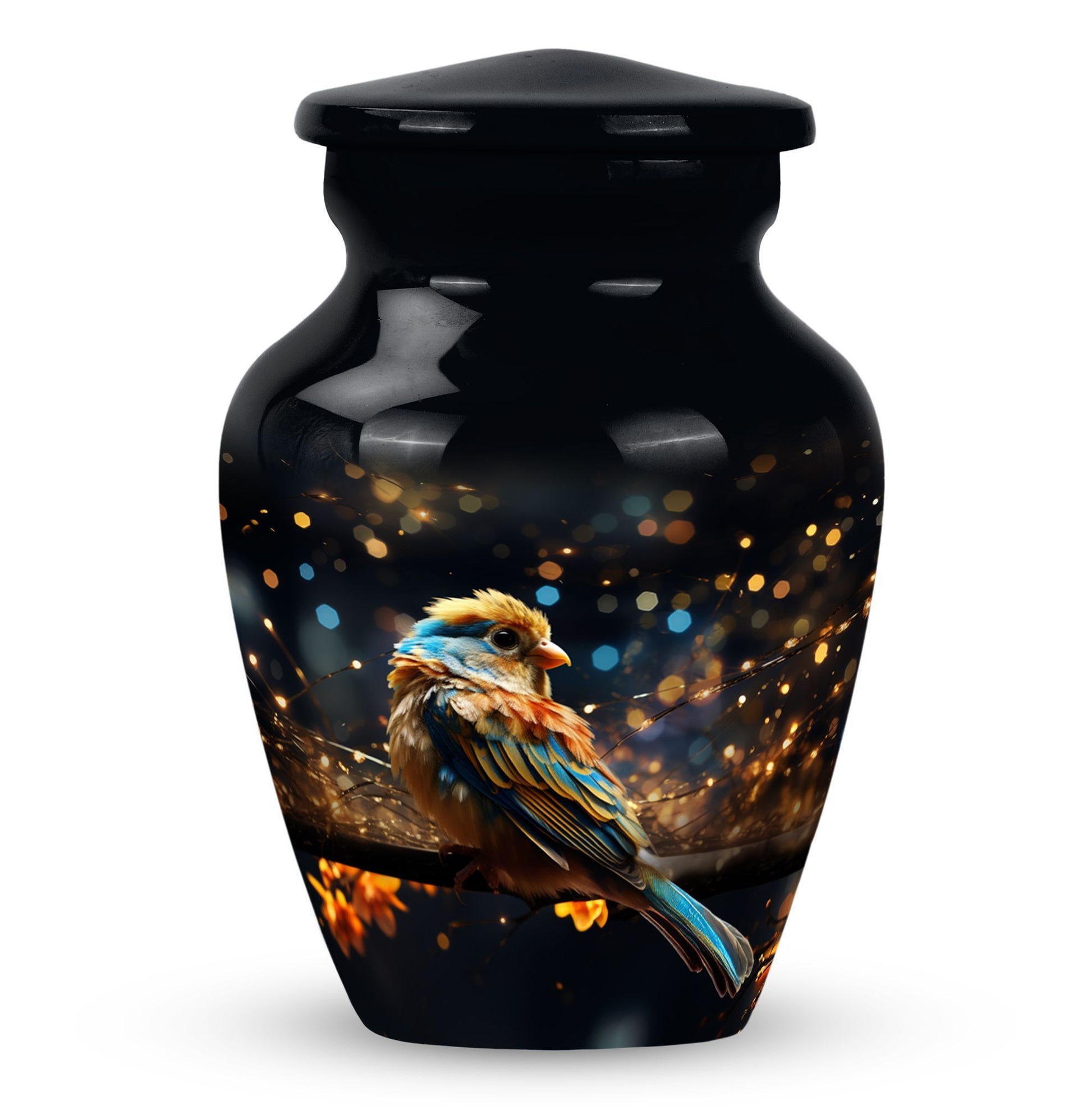 Yellow Sparrow Urn, large aluminium urn for human ashes.